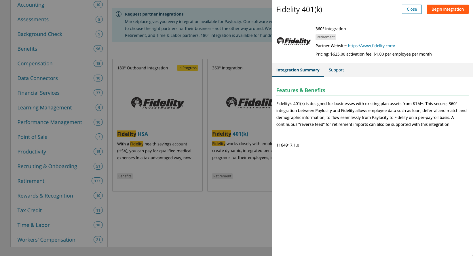 Paylocity Marketplace integration page screenshot